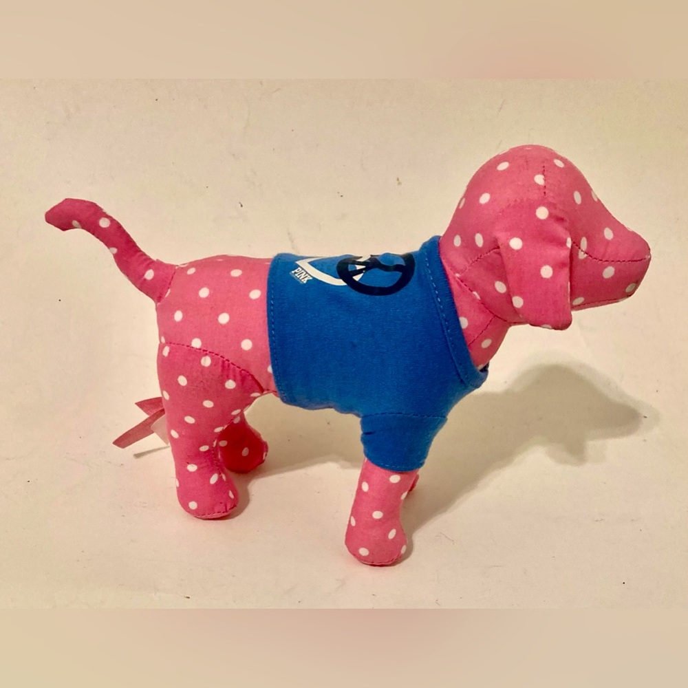 Victoria's Secret PINK Plush Dog Pink Blue Polka Dot Peace Love Shirt.